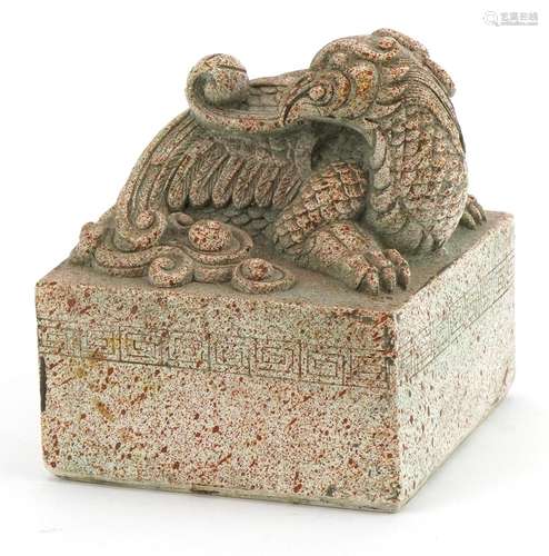 Large Chinese marbleised bronze desk seal surmounted with a ...