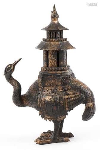 Chinese partially gilt bronze three section incense burner i...