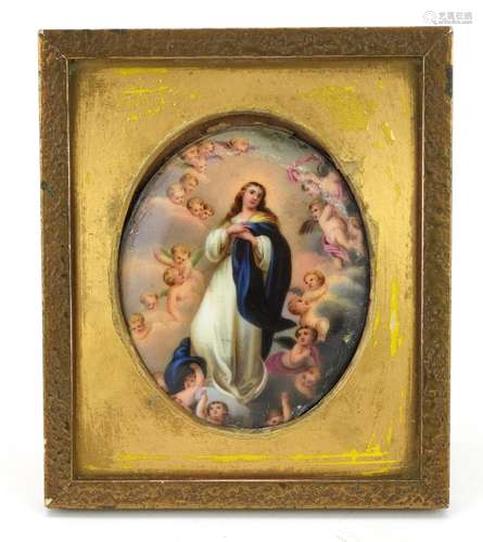 Continental oval porcelain plaque hand painted with the Asce...