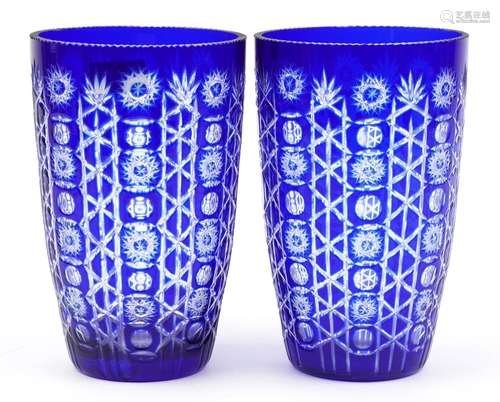 Pair of Bohemian blue flashed cut glass vases etched with fl...