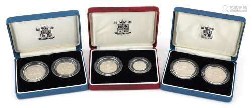 Three United Kingdom silver proof two coin sets by The Royal...