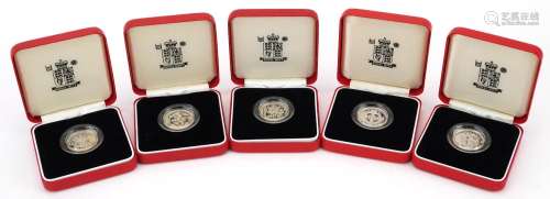 Five United Kingdom silver proof piedfort one pound coins by...