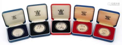 Five silver proof crowns by The Royal Mint with certificate ...
