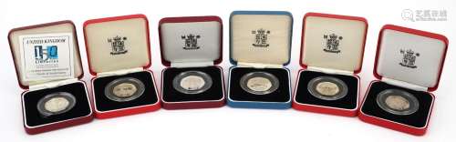 Six United Kingdom silver proof piedfort fifty pence coins b...