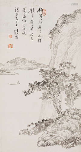(1896-1963) 溥心畬 X 秋江釣艇 立軸 水墨 紙本