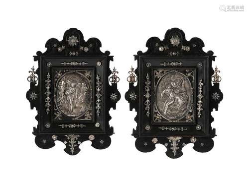 Silver reliefs in ebonised frame, Jesus before Pontius Pilat...