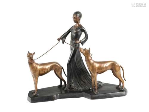 Lady with two dogs, Art Deco style, Around 1970