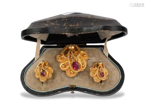 Biedermeier Jewellery Set, Ear Clips & Brooch, Gold set ...