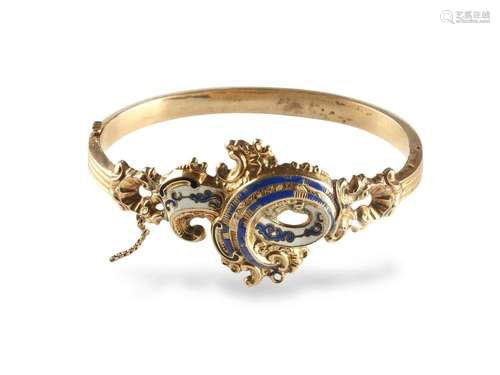 Biedermeier bangle adorned with rocailles, Gold with blue an...