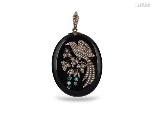 Oval Medallion Pendant with Bird of Paradise Sitting on a Fl...