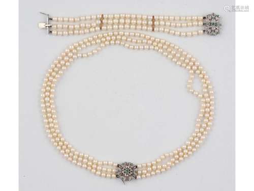 Jewellery Set, Three-Row Pearl Necklace & Three-Row Pear...