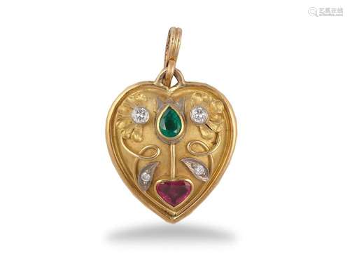 Pendant in heart shape, 14 ct gold, Set with red & green...