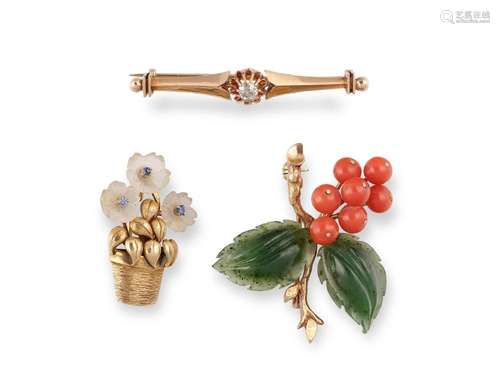 Mixed lot: 3 brooches, 14 ct gold