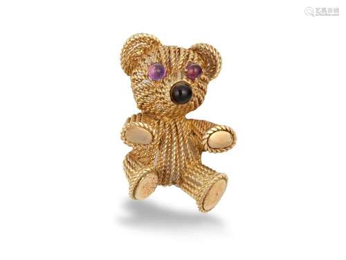 Brooch Teddy Bear, 14 ct gold, Set with amethysts