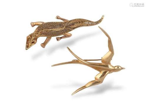 Mixed lot: 2 brooches, Swallow & Crocodile, 14 ct gold