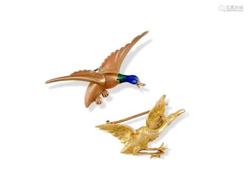 Mixed lot: 2 bird brooches, Crane & Wild Duck