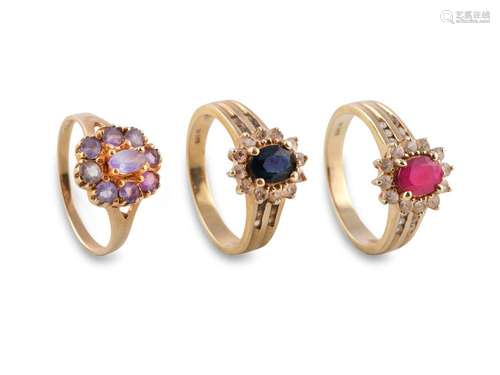 Mixed lot: 3 rings, 14 ct gold