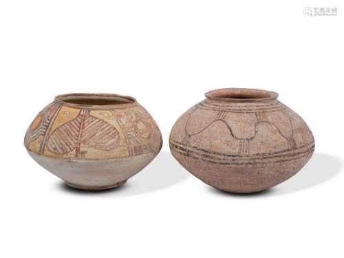 2 round vessels with wave & leaf decoration, Indus civil...