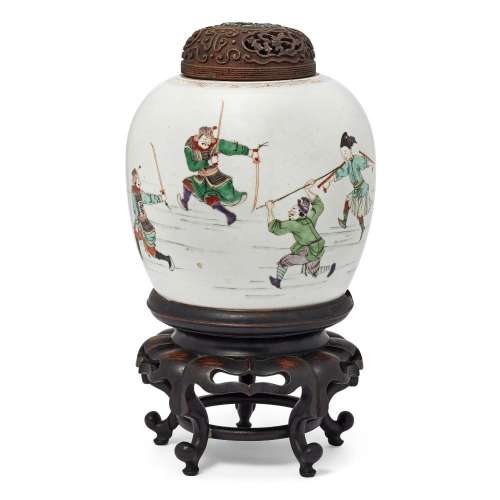 A Chinese famille verte 'warriors' jar<br />
<br />
Qing dyn...