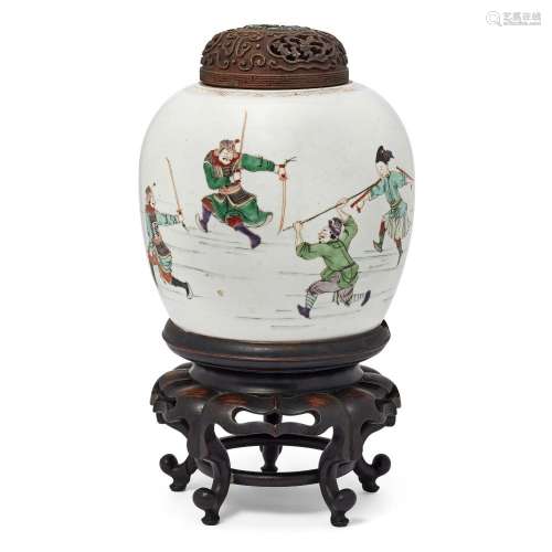 A Chinese famille verte 'warriors' jar<br />
<br />
Qing dyn...