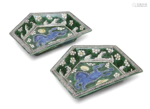 A pair of Chinese famille verte biscuit porcelain sweetmeat ...