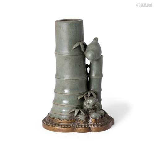 A Chinese ormolu-mounted celadon-glazed 'bamboo' group<br />...