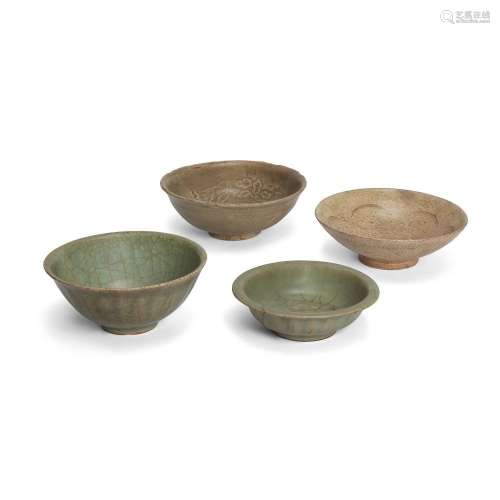 Two Chinese Longquan celadon-glazed and two crackle-glazed v...