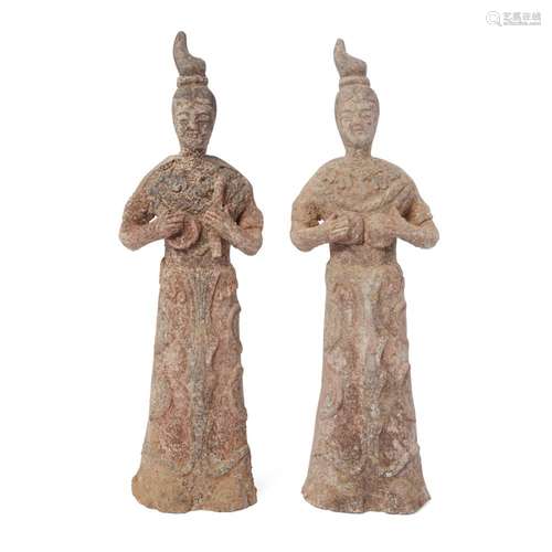 Two Chinese pottery figures of female court musicians  Tang ...