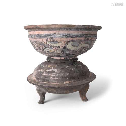 A Chinese two-part painted pottery food warming vessel<br />...