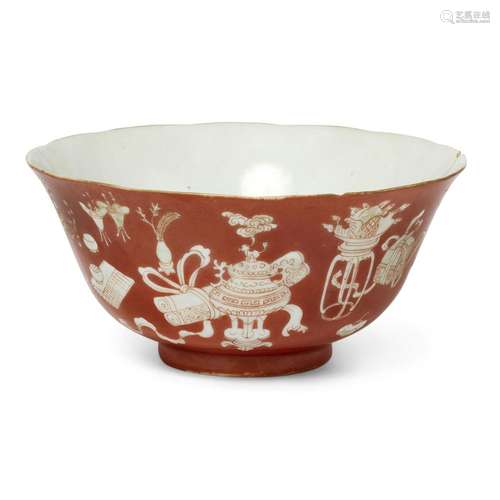 A Chinese coral-red 'hundred antiques' foliate bowl<br />
<b...