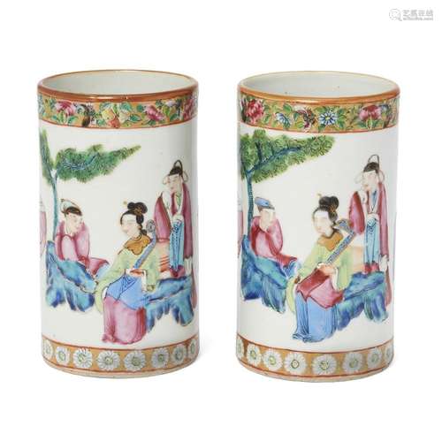 An unusual pair of Chinese 'Canton' famille rose brush pots,...