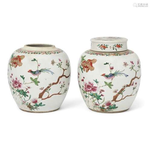 A pair of Chinese famille rose 'peonies' jars and covers<br ...