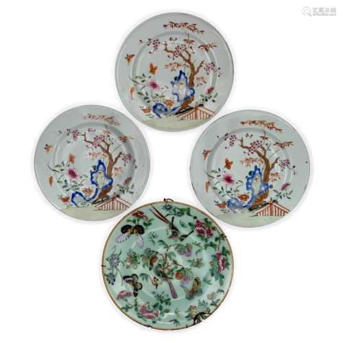 Three Chinese export famille rose plates and a celadon groun...