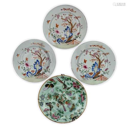 Three Chinese export famille rose plates and a celadon groun...