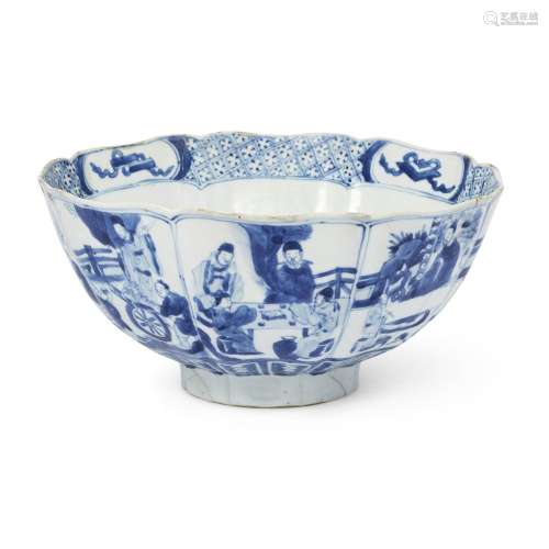 A large Chinese blue and white moulded figurative bowl<br />...