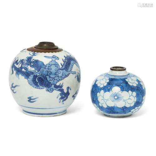 Two Chinese copper-mounted blue and white vessels<br />
<br ...