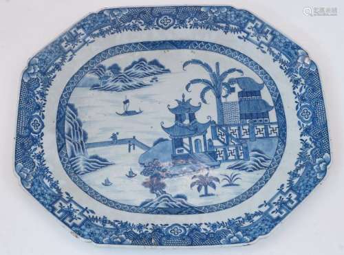A large Chinese export hexagonal blue and white platter<br /...