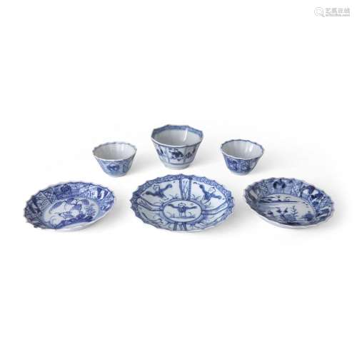 Three sets of Chinese blue and white fluted cups and saucers...