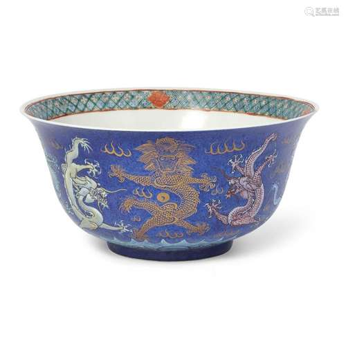 A large Chinese powder blue-ground famille rose 'nine dragon...