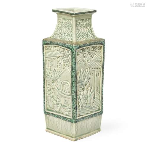 A Chinese square moulded enamelled and celadon-glazed vase<b...