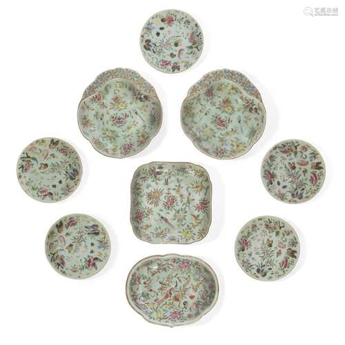 Nine Chinese celadon ground famille rose plates and dishes<b...