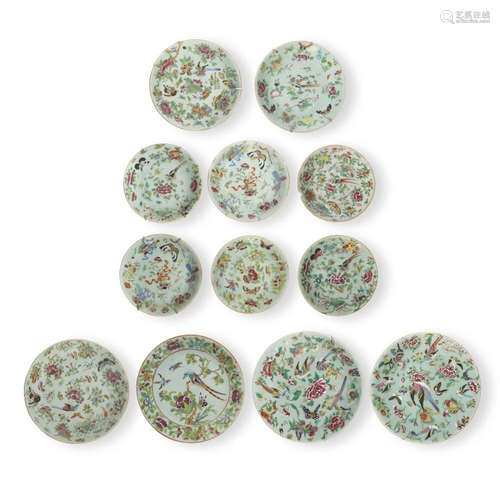 Twelve Chinese celadon ground famille rose plates<br />
<br ...