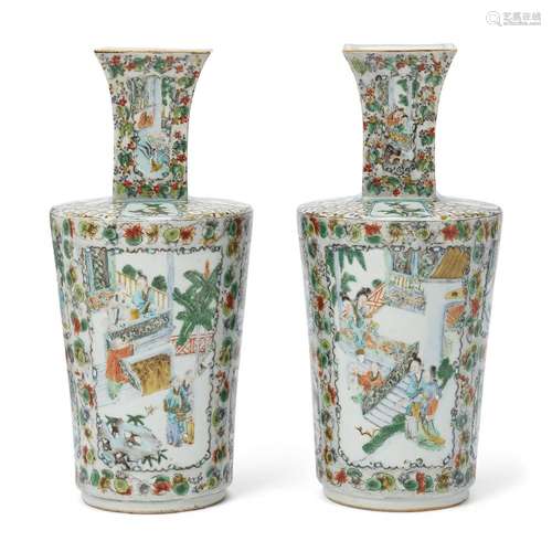 A pair of Chinese famille verte cylindrical tapering vases<b...