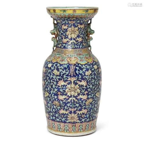 A Chinese famille rose blue-ground 'lotus' baluster vase<br ...