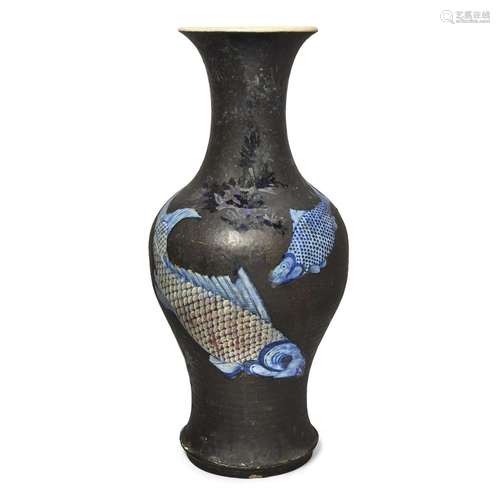 A large Chinese underglaze blue and copper red 'fish' vase<b...