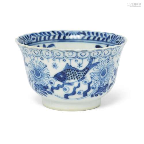 A Chinese blue and white 'fishes' tea bowl<br />
<br />
Late...
