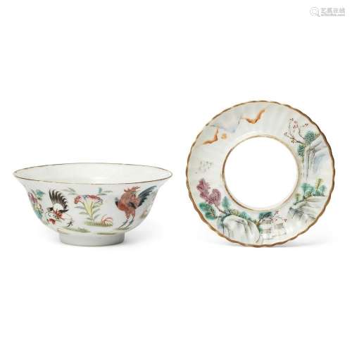A Chinese famille rose 'cockerel' bowl and a teabowl stand<b...