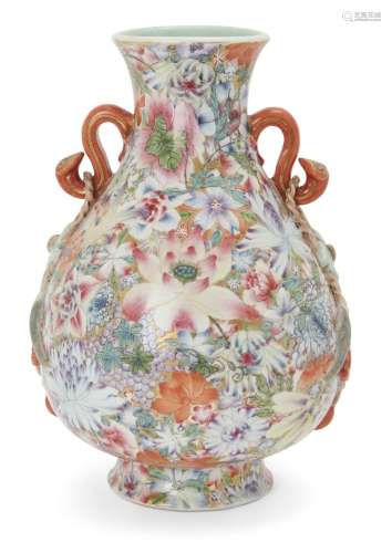 A Chinese famille rose 'hundred flowers' vase with ruyi hand...