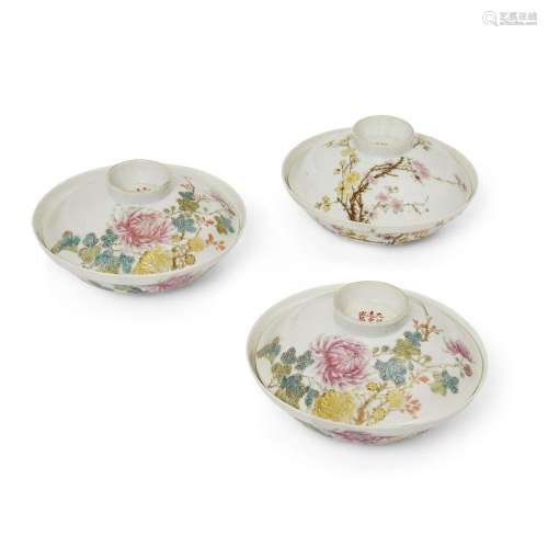 Three large Chinese famille rose bowls and covers<br />
<br ...