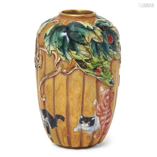 A small Chinese enamelled and gilt moulded 'cats' melon-shap...
